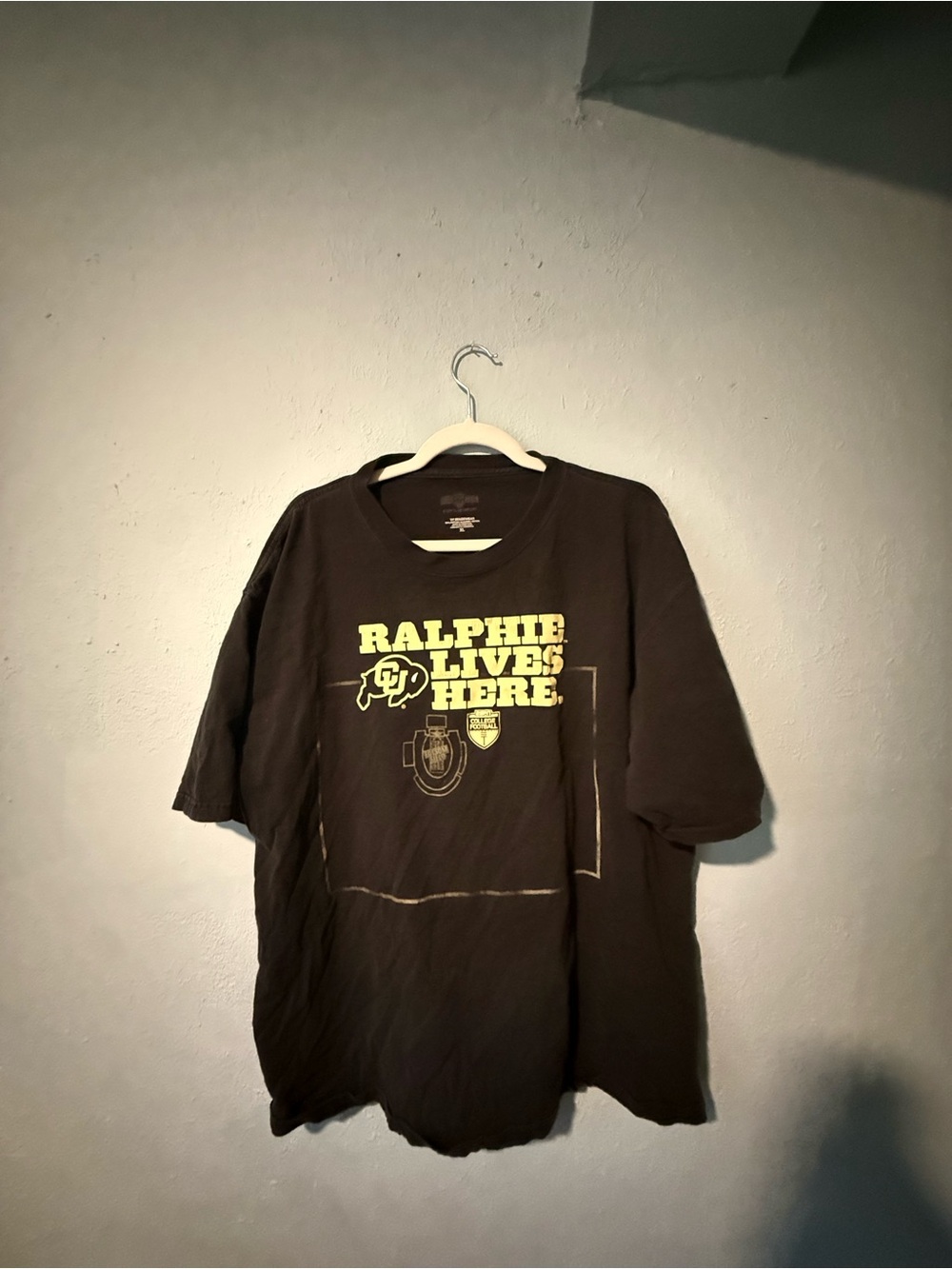 Graphic Tee with "Ralphie Lives Here" in Yellow on Black CU Boulder vintage